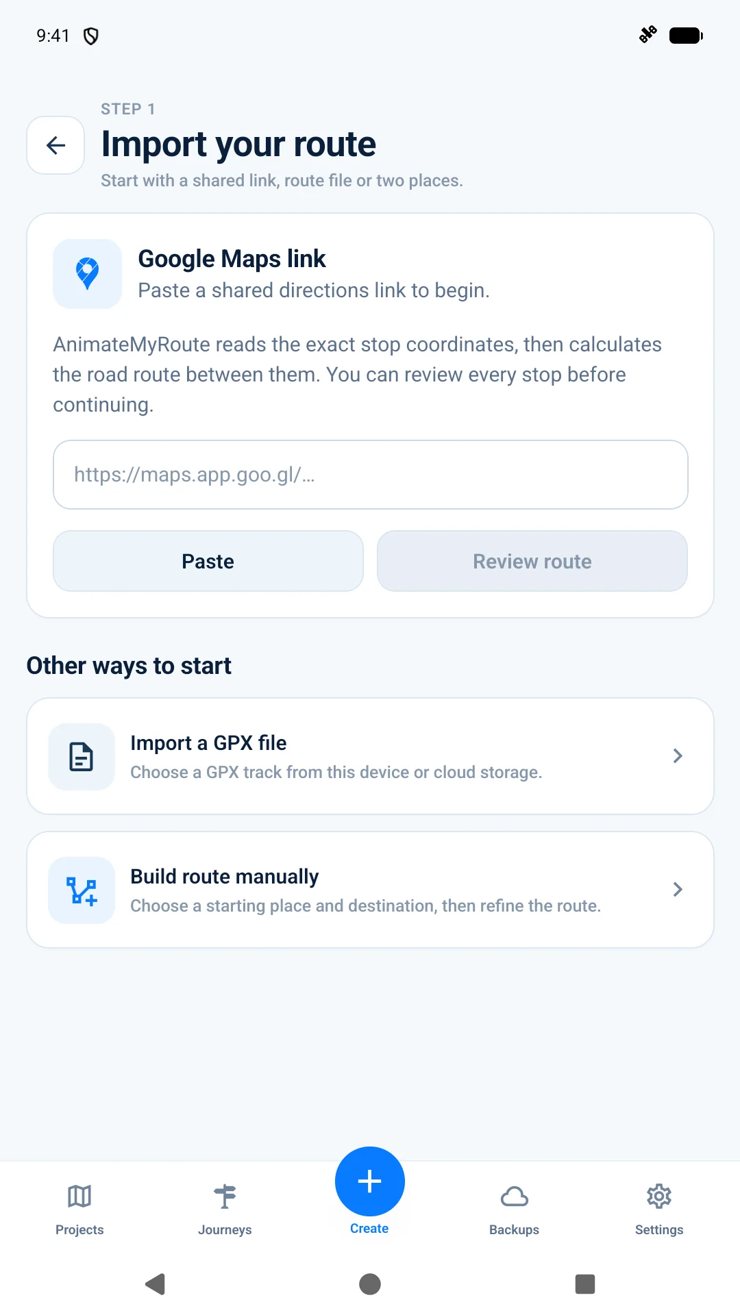 Bring your route from Google Maps screen in AnimateMyRoute