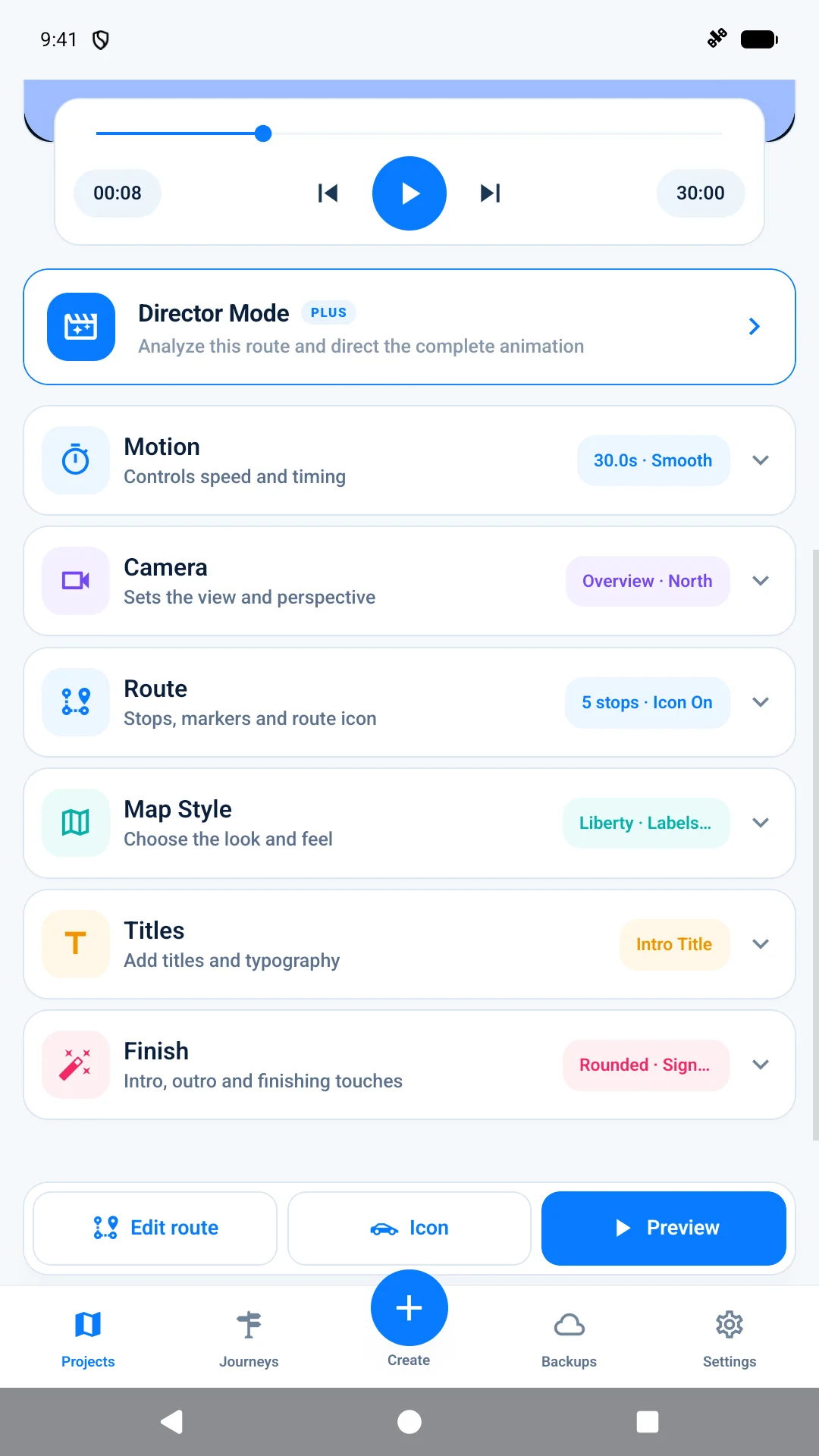 Animation studio with Director Mode, motion, camera, route and map style controls