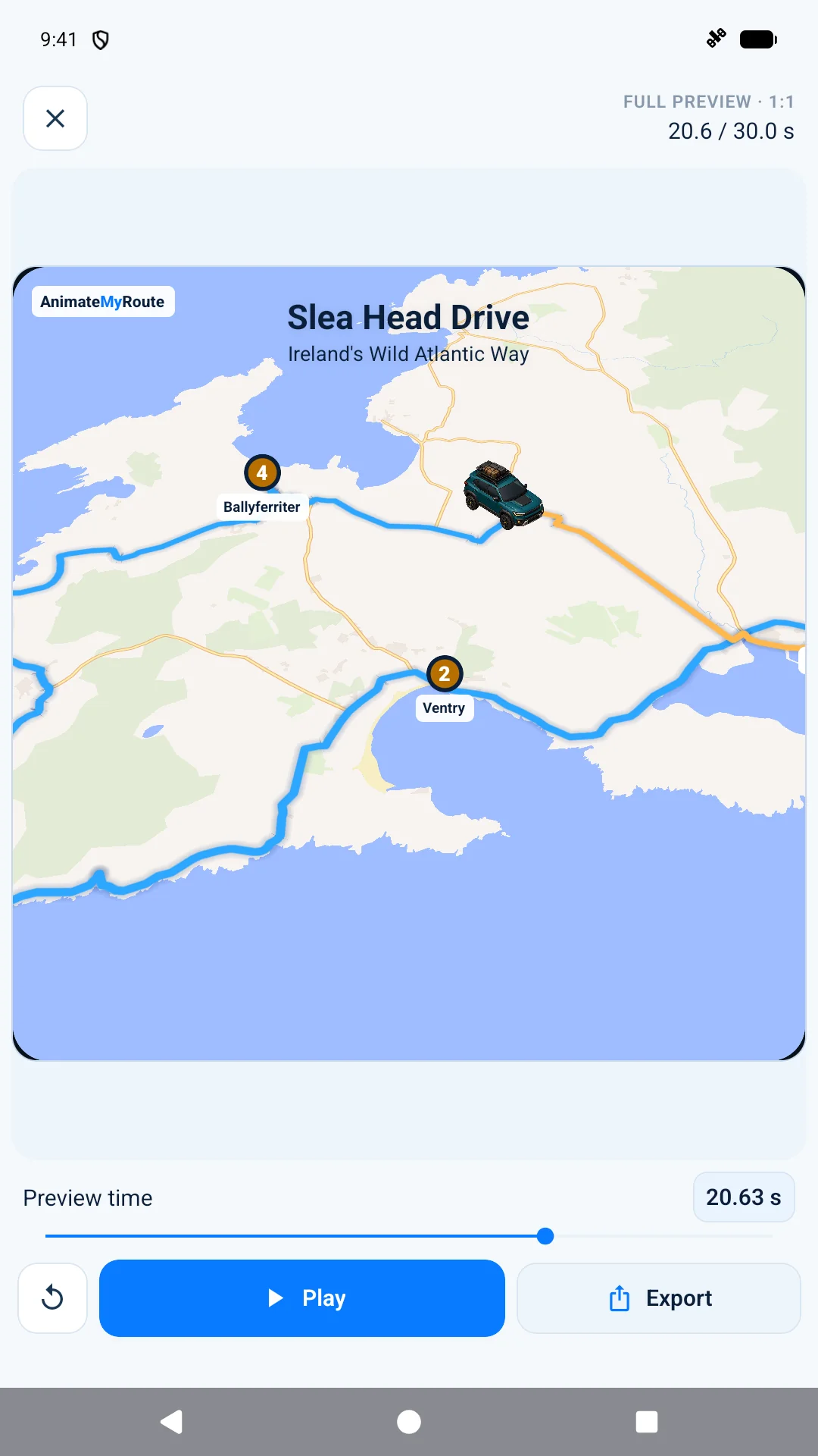 AnimateMyRoute preview showing a car travelling along Slea Head Drive