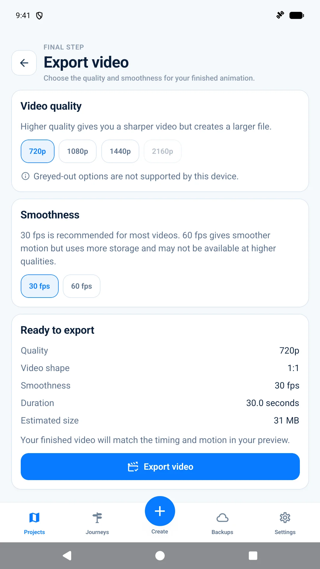 Export for the final edit screen in AnimateMyRoute